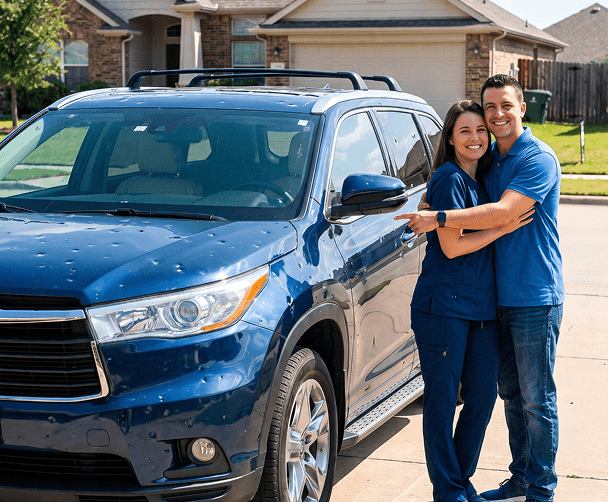 Happy couple next to their repaired vehicle outside their home